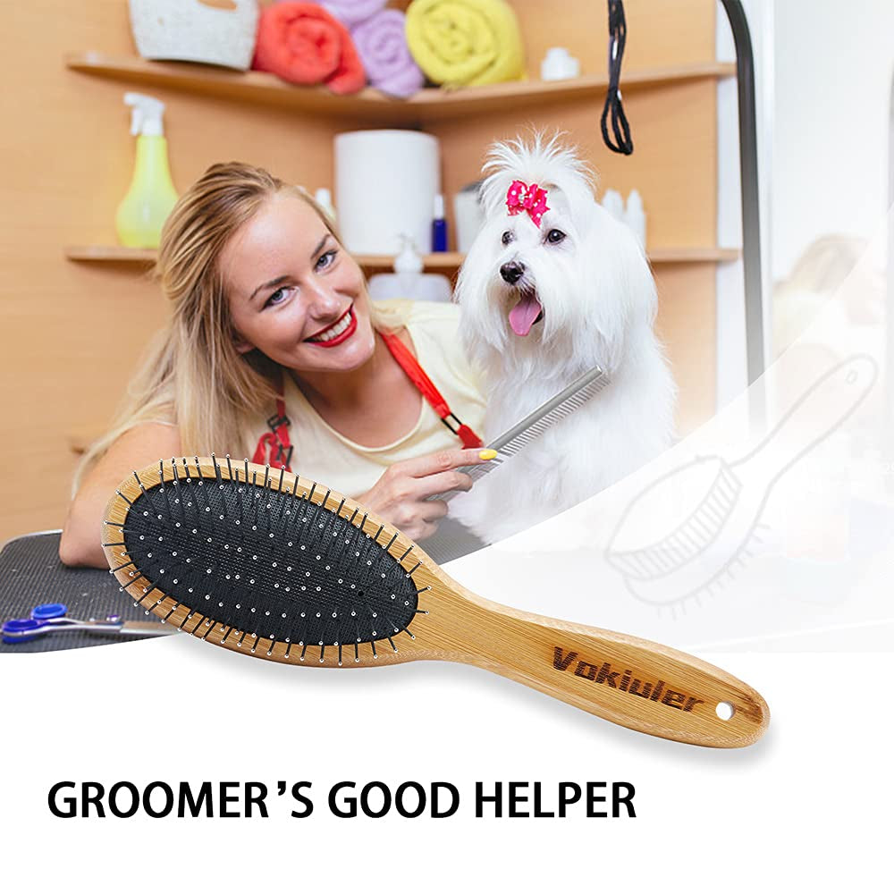 Double-Sided Bristle and Pin Pet Grooming Brush Set for Dogs and Cats, Featuring Real Boar Bristles and Bamboo Handle, Suitable for Long and Short Hair, 2-Pack