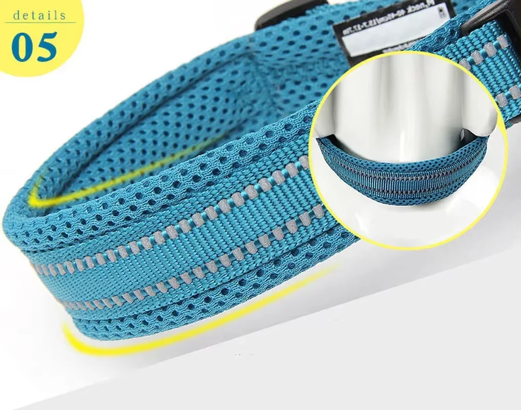 Adjustable Mesh Padded Reflective Nylon Dog Collar - Durable Heavy Duty Design for All Breeds and Weather Conditions, Available in 8 Sizes