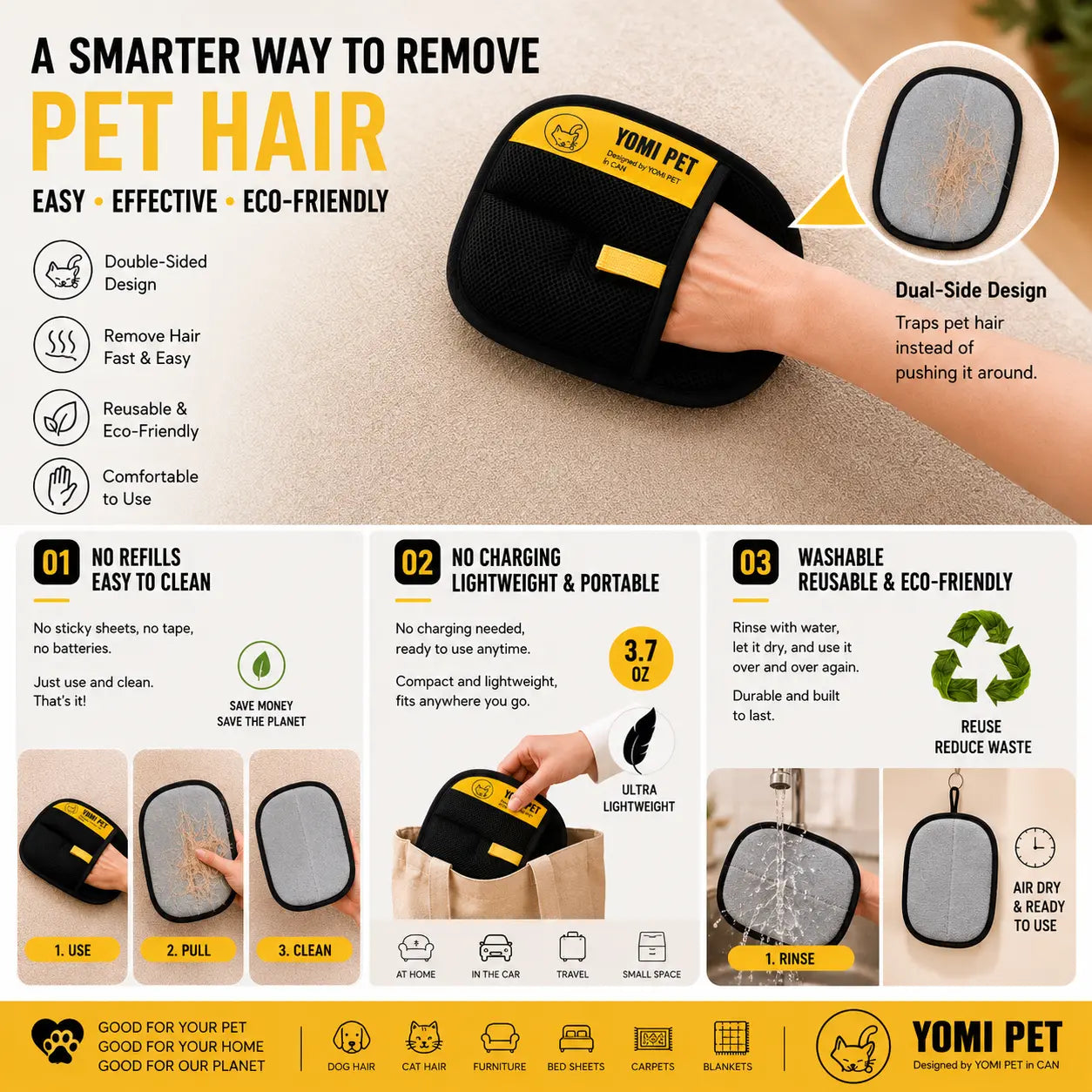 YOMI PET Electrostatic Hair Removal Gloves - Dual-Sided Brush for Effective Grooming and Cleaning of Cat and Dog Hair