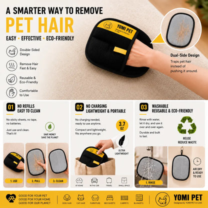 YOMI PET Electrostatic Hair Removal Gloves - Dual-Sided Brush for Effective Grooming and Cleaning of Cat and Dog Hair