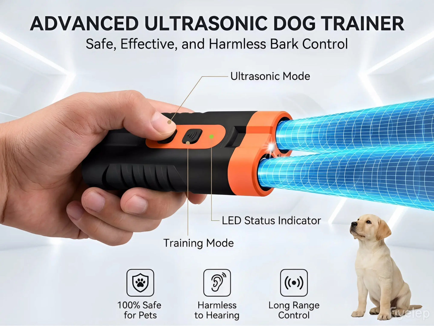 Ultrasonic Dog Bark Deterrent Training Device - Rechargeable, Dual Emitter, 50ft Range, 25kHz Frequency, Integrated Flashlight, Portable Design, Complete Kit for Indoor and Outdoor Canine Behavior Management