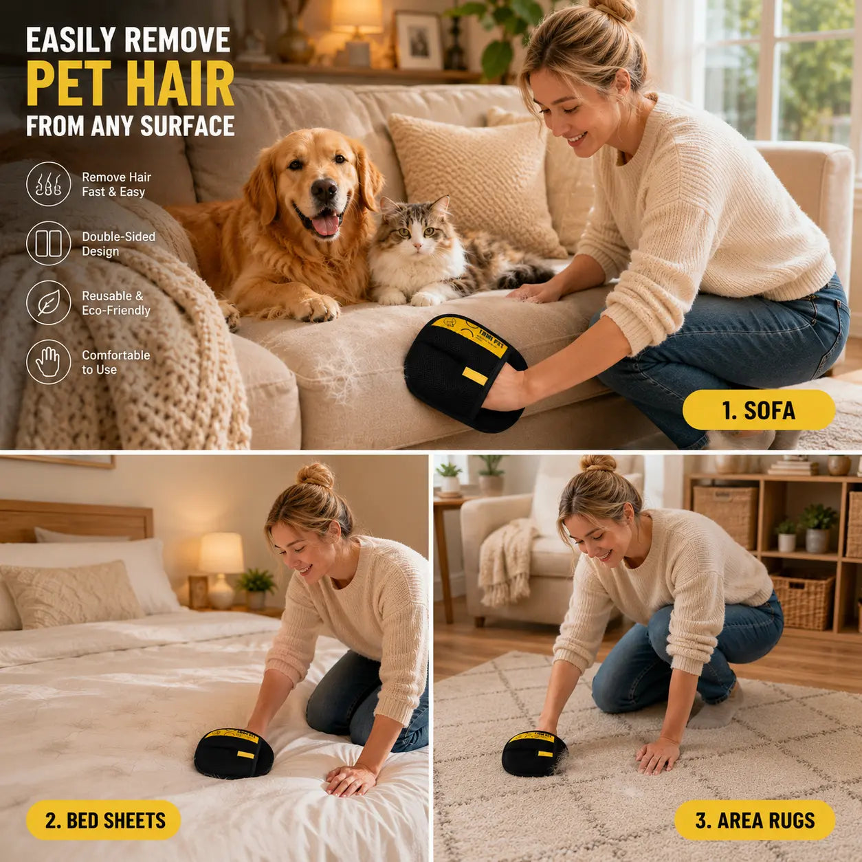 YOMI PET Electrostatic Hair Removal Gloves - Dual-Sided Brush for Effective Grooming and Cleaning of Cat and Dog Hair