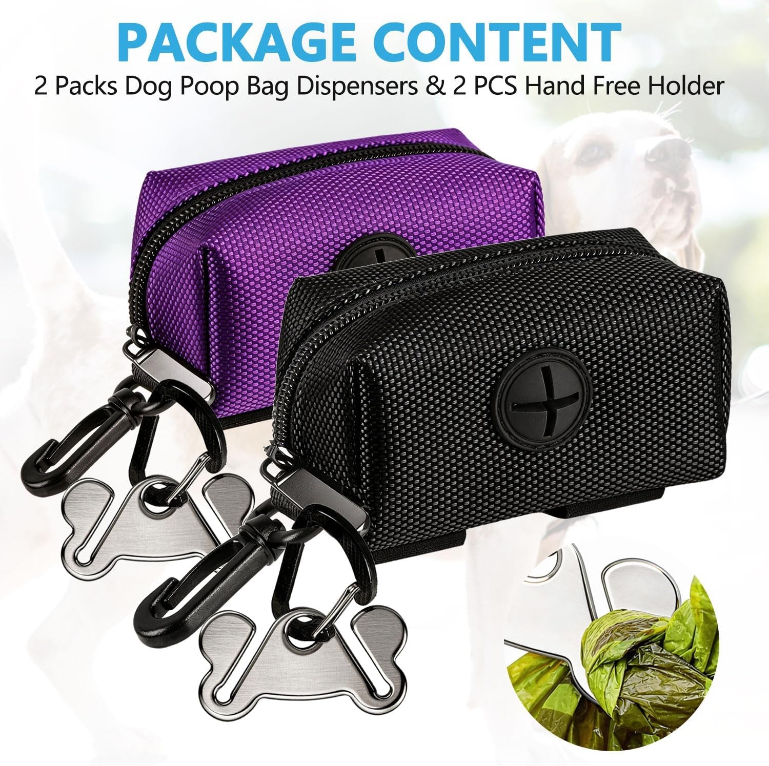Pet Waste Bag Dispenser - Soft Fabric Zippered Holder for Dog Waste Bags with Leash Attachment - 2-Pack in Purple and Black