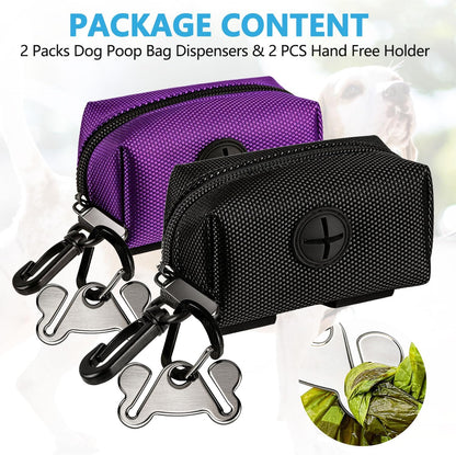Pet Waste Bag Dispenser - Soft Fabric Zippered Holder for Dog Waste Bags with Leash Attachment - 2-Pack in Purple and Black