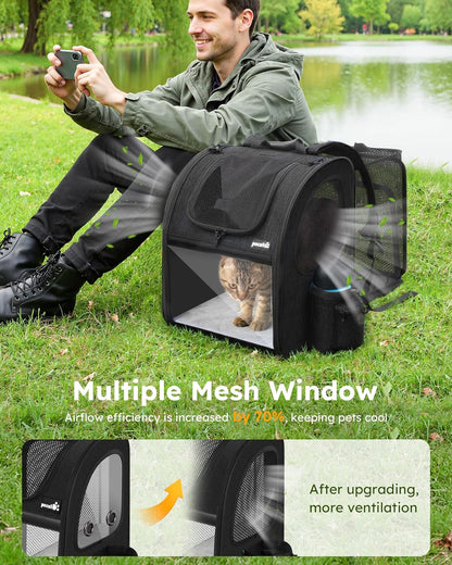 Expandable Pet Carrier Backpack - Portable and Breathable Rucksack with Mesh Opening, Visible Acrylic, Safety Belt, and Pockets for Enhanced Comfort and Space for Puppies and Cats (Black)