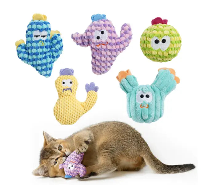 Pawsible 5-Pack Colorful Cactus Cat Toy Set with 100% Premium Herb Filling for Natural Stimulation, Ideal Soft Teething Toys for Kittens
