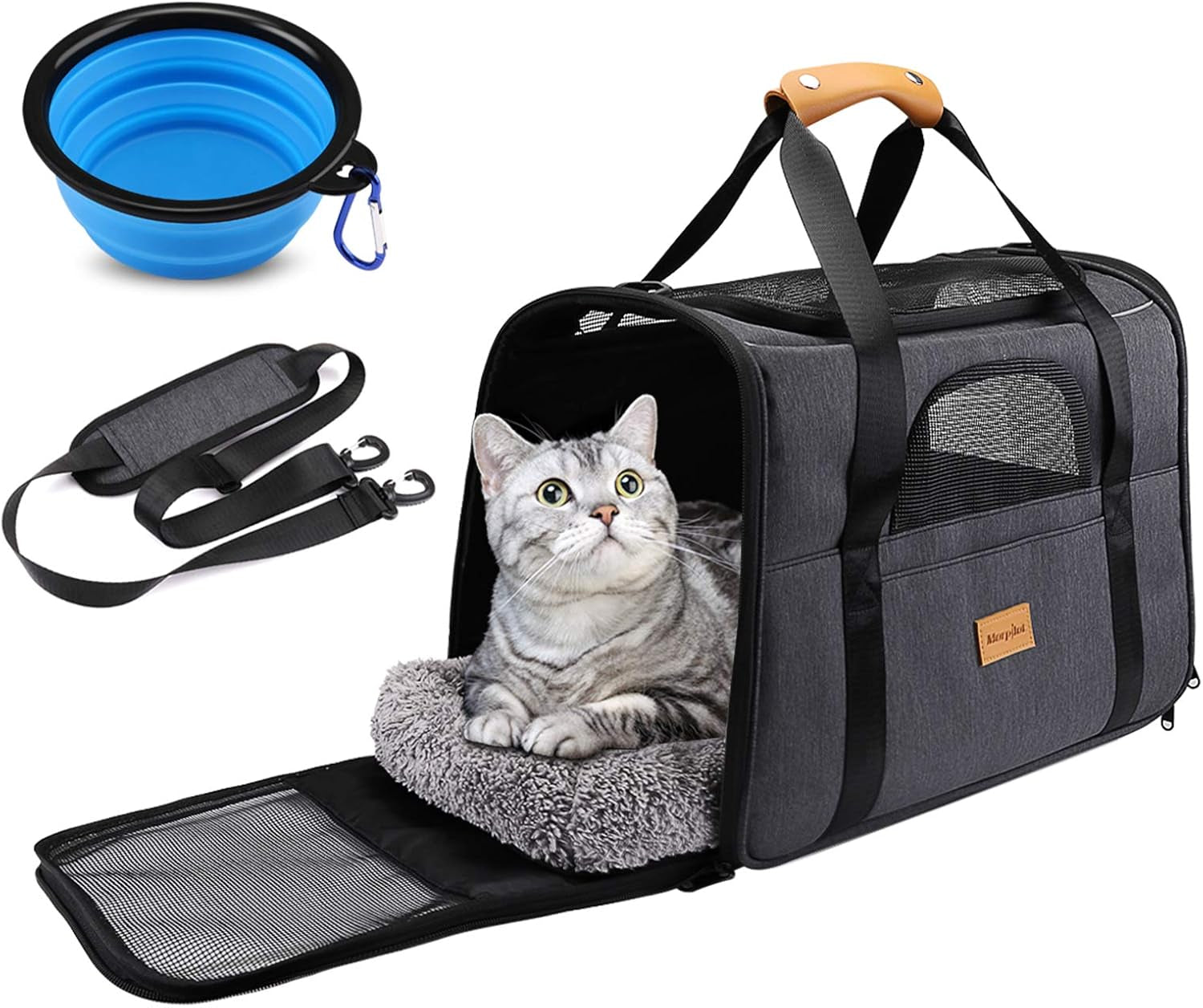 Portable Soft-Sided Cat Carrier Bag for Cats and Small Dogs, Airline Approved Travel Carrier with Shoulder Strap, Removable Mat, and Pet Bowl