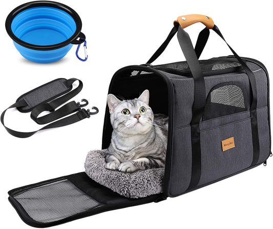 Portable Soft-Sided Cat Carrier Bag for Cats and Small Dogs, Airline Approved Travel Carrier with Shoulder Strap, Removable Mat, and Pet Bowl