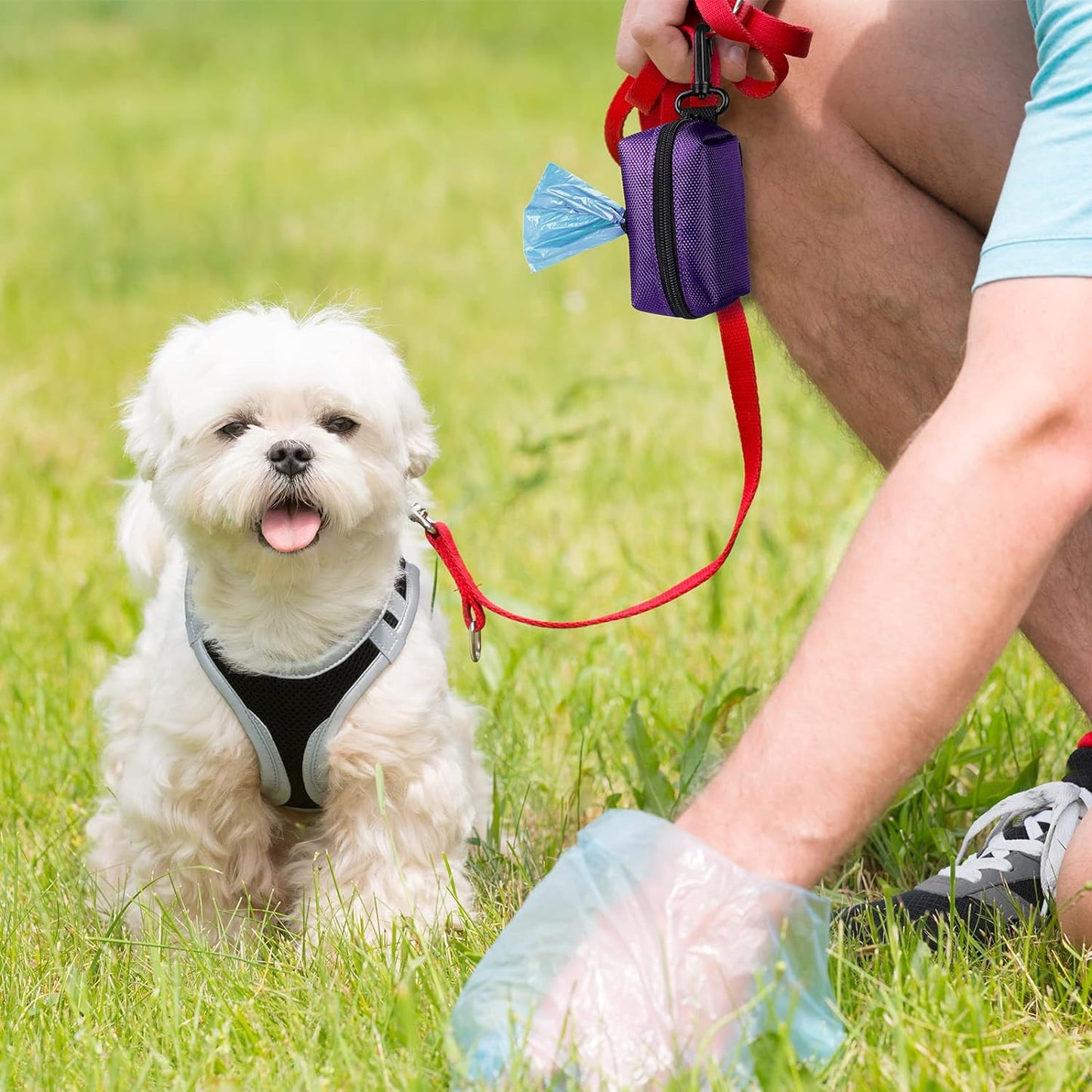 Pet Waste Bag Dispenser - Soft Fabric Zippered Holder for Dog Waste Bags with Leash Attachment - 2-Pack in Purple and Black