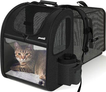 Expandable Pet Carrier Backpack - Portable and Breathable Rucksack with Mesh Opening, Visible Acrylic, Safety Belt, and Pockets for Enhanced Comfort and Space for Puppies and Cats (Black)