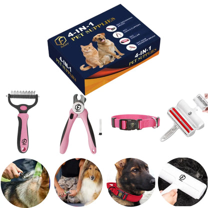 FIDEH 4-in-1 Pet Care Set: Reusable Cat and Dog Hair Remover Brush, Double-Sided Shedding Brush, Nail Clippers and Trimmers, and Nylon Collar for Medium Dogs (4 Pieces, Pink)