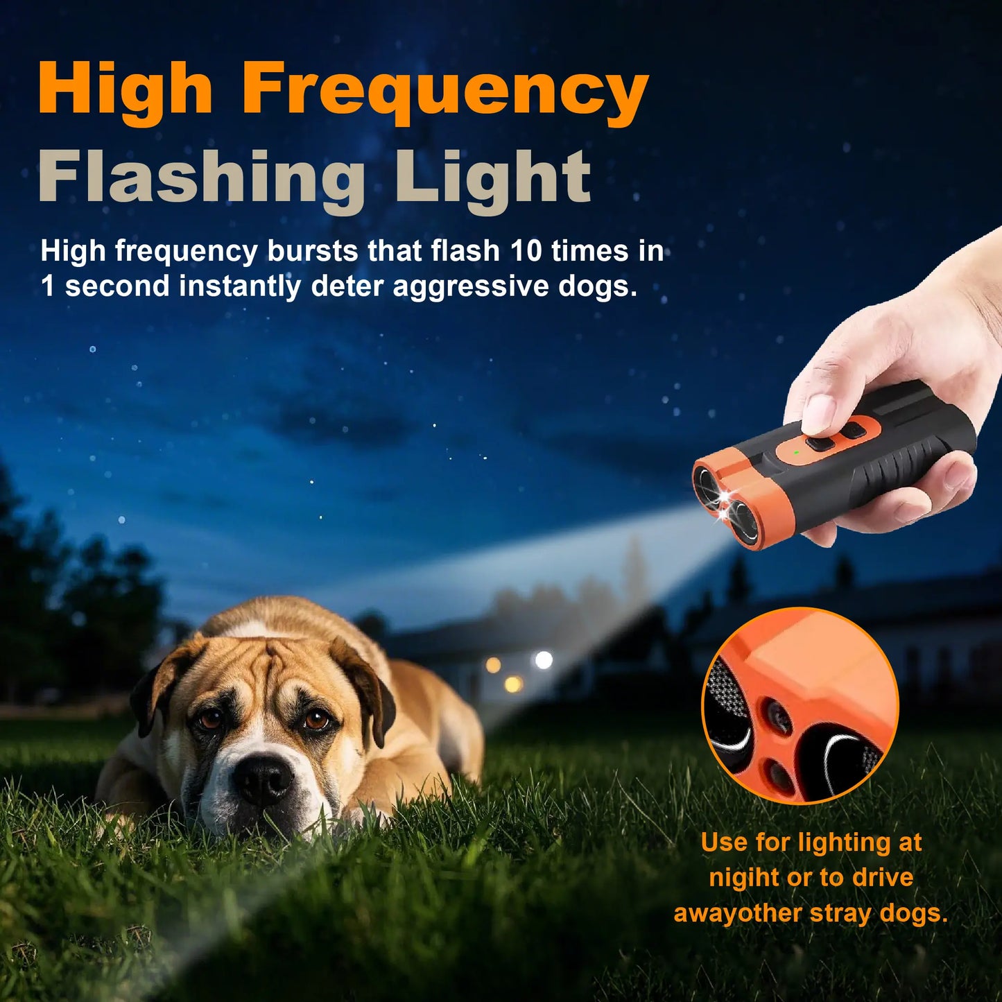 Ultrasonic Dog Bark Deterrent Training Device - Rechargeable, Dual Emitter, 50ft Range, 25kHz Frequency, Integrated Flashlight, Portable Design, Complete Kit for Indoor and Outdoor Canine Behavior Management