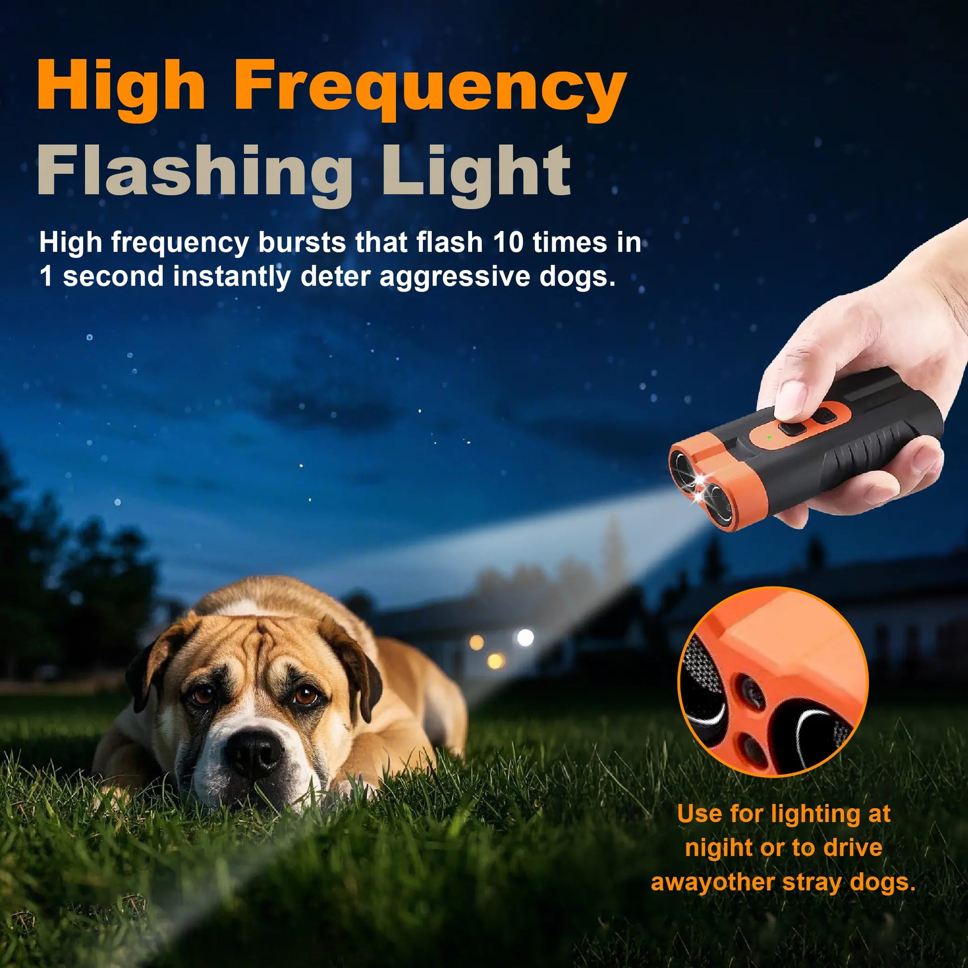 Ultrasonic Dog Bark Deterrent Training Device - Rechargeable, Dual Emitter, 50ft Range, 25kHz Frequency, Integrated Flashlight, Portable Design, Complete Kit for Indoor and Outdoor Canine Behavior Management