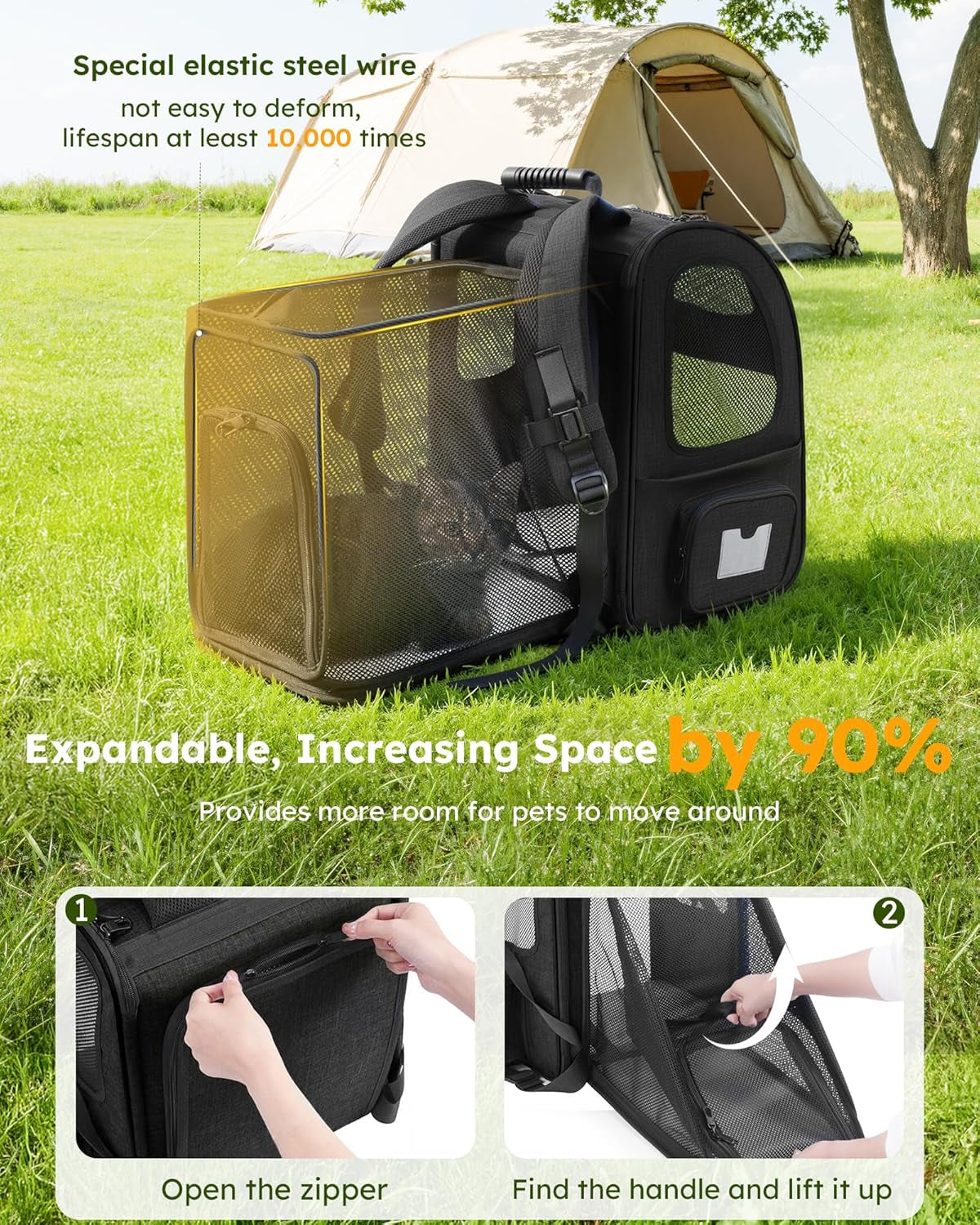 Expandable Pet Carrier Backpack - Portable and Breathable Rucksack with Mesh Opening, Visible Acrylic, Safety Belt, and Pockets for Enhanced Comfort and Space for Puppies and Cats (Black)