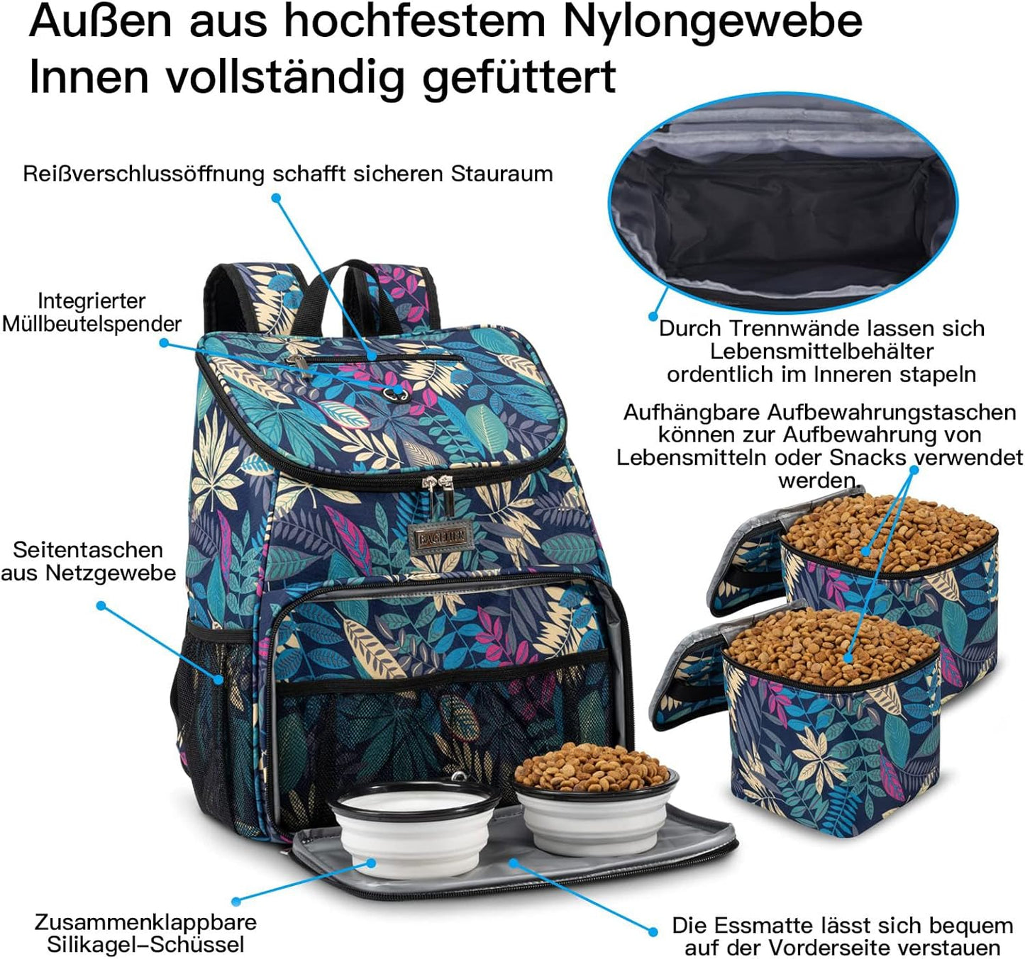 Dog Travel Backpack - Airline Approved Pet Carrier with Silicone Collapsible Bowls and Food Baskets