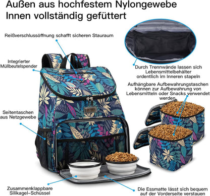 Dog Travel Backpack - Airline Approved Pet Carrier with Silicone Collapsible Bowls and Food Baskets