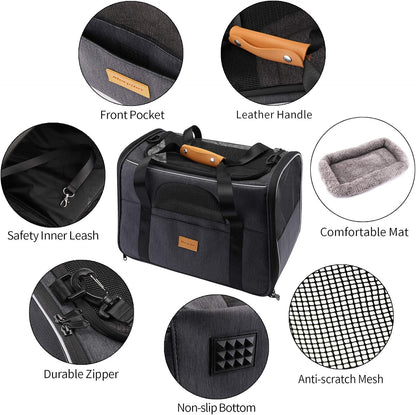 Portable Soft-Sided Cat Carrier Bag for Cats and Small Dogs, Airline Approved Travel Carrier with Shoulder Strap, Removable Mat, and Pet Bowl