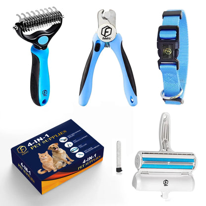 FIDEH 4-in-1 Pet Care Set: Reusable Cat and Dog Hair Remover Brush, Double-Sided Shedding Brush, Nail Clippers and Trimmers, and Nylon Collar for Medium Dogs (4 Pieces, Pink)