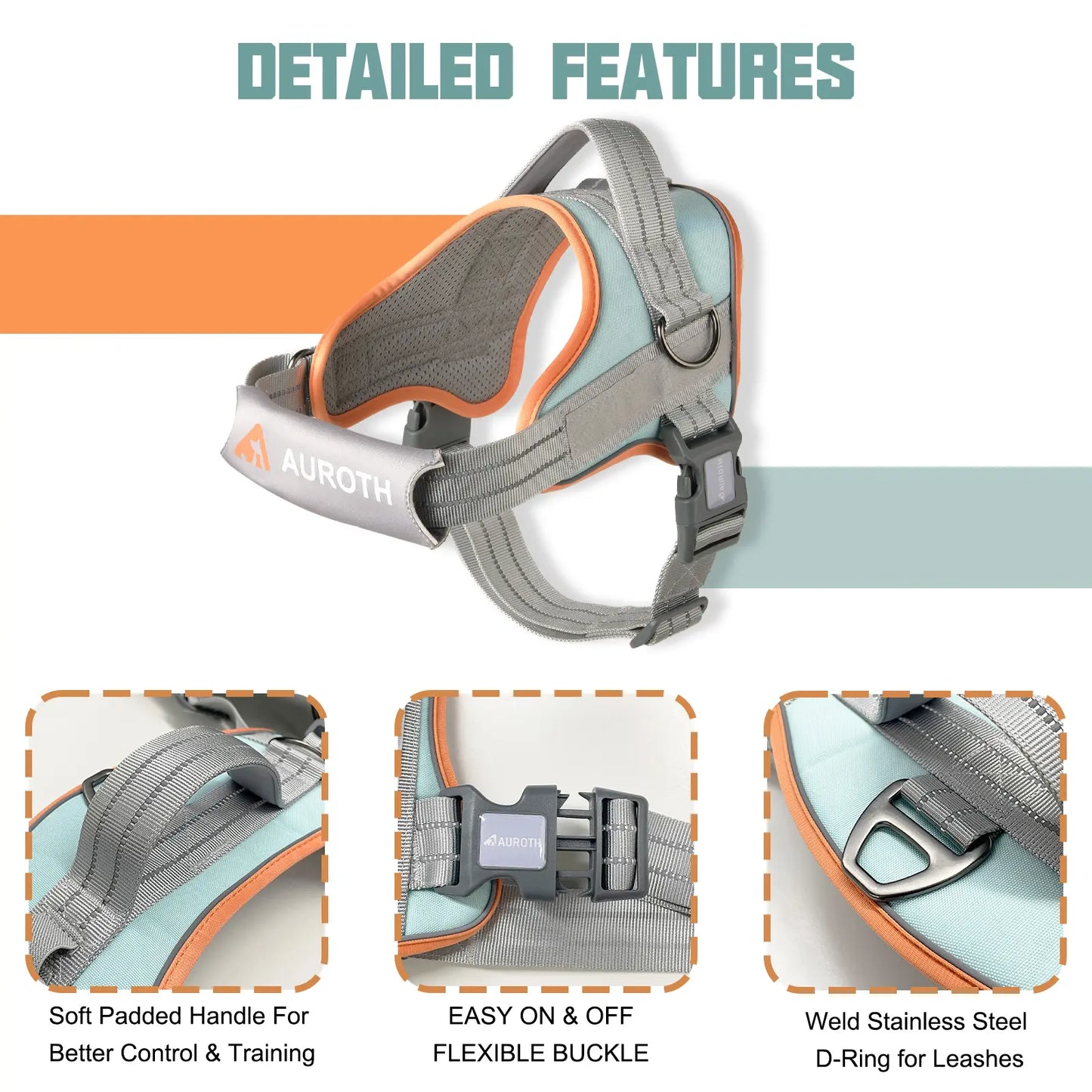 Auroth No-Pull Dog Harness with Soft Padded Vest, Adjustable Reflective Safety Harness for Walking and Training, Suitable for Small, Medium, and Large Dogs