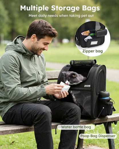Expandable Pet Carrier Backpack - Portable and Breathable Rucksack with Mesh Opening, Visible Acrylic, Safety Belt, and Pockets for Enhanced Comfort and Space for Puppies and Cats (Black)