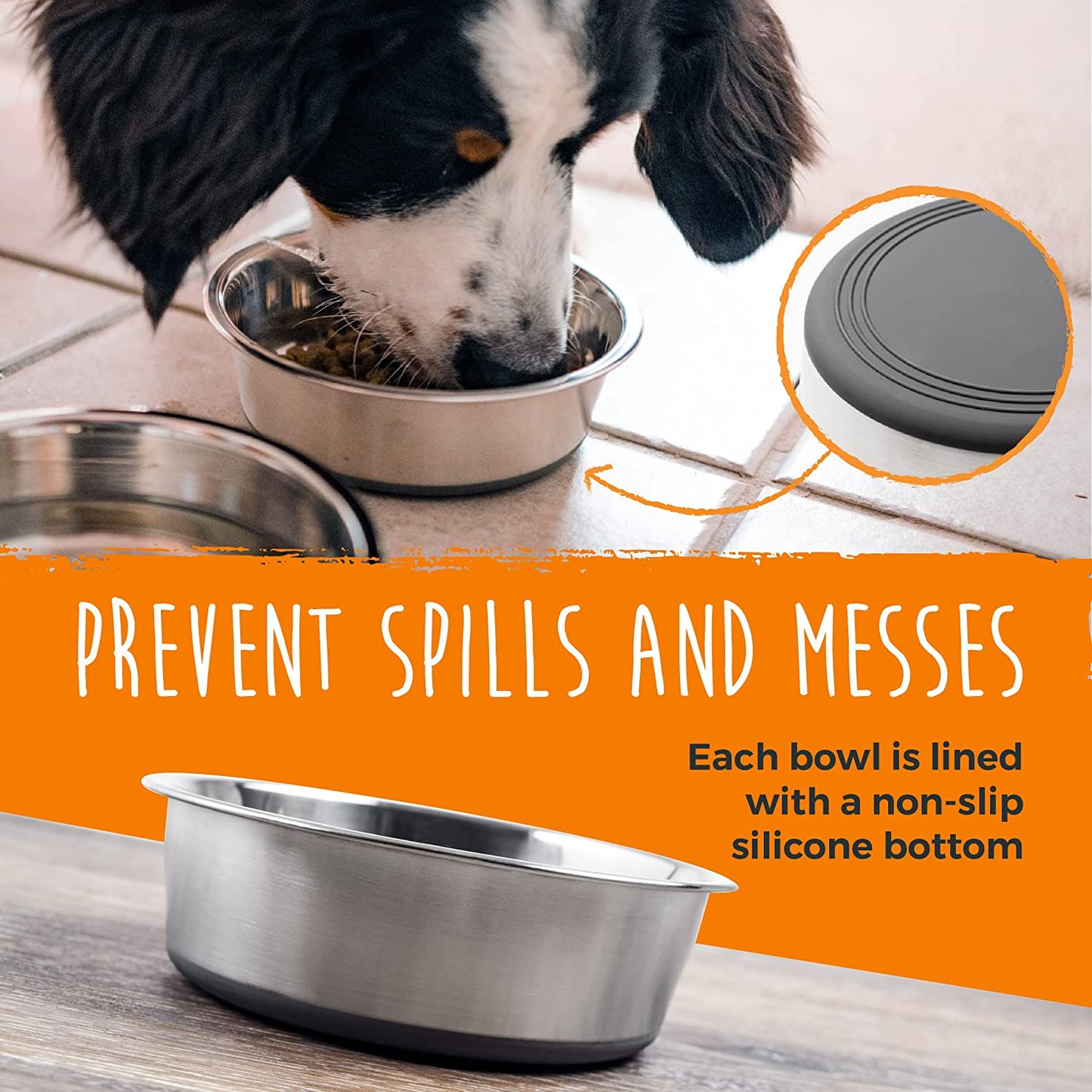 Premium Stainless Steel Dog Bowls - Set of 2 - Non-Slip Base - Spill-Resistant Design - Dishwasher Safe - Ideal for All Breeds - Safe Food and Water Bowls - Large Size - 8.5”